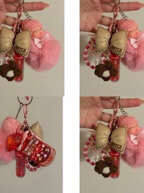 Pink Plush Doll & Charm Keychain with Gold Bow